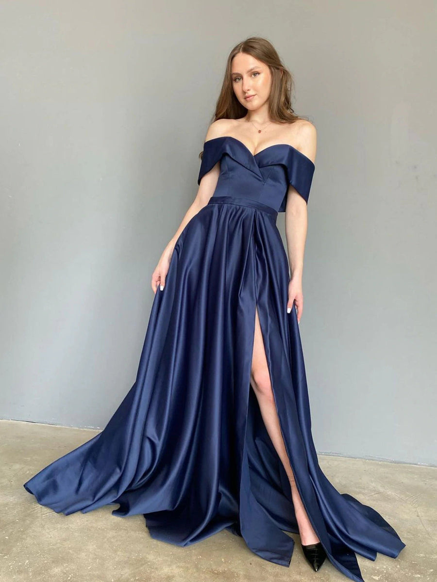 Long A-line Off Shoulder Satin Prom Dresses with Slit Dark Navy Formal