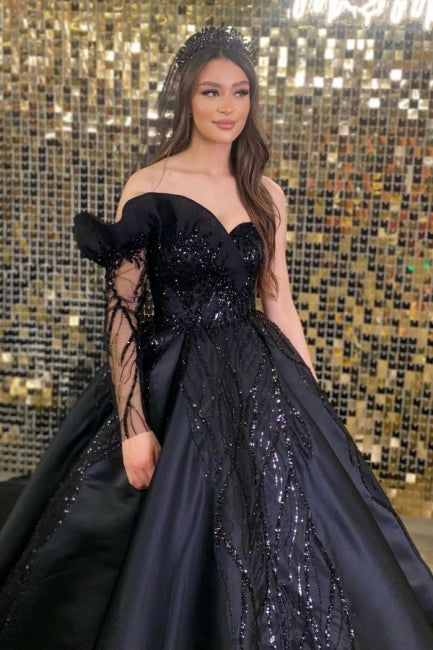 black long sleeve dresses for weddings Princess Black Long Sleeve A-line Wedding Dresses With Beads – cathyprom