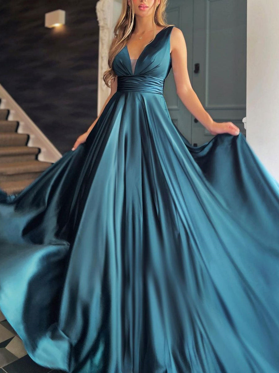 Simple Long A-line V-neck Satin Prom Dress White Formal Graduation