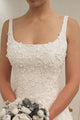 A-Line Scoop Sweep Train White Tulle Sleeveless Wedding Dress with Appliques Bohemian Wedding Gown Bridal Gown OHD229