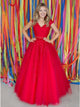 A-Line V-Neck Sweep Train Long Dark Red Tulle Beaded Appliques Prom Dress Evening Dress OHC590