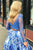 Two Piece Bateau Sweep Train Long Sleeves Blue Printed Satin Prom Dress with Beading Lace L20