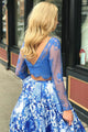 Two Piece Bateau Sweep Train Long Sleeves Blue Printed Satin Prom Dress with Beading Lace L20