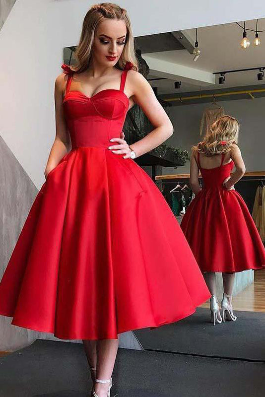 Red Homecoming Dresses A Line Vintage Tea-length Prom Dress Sexy Party – cathyprom