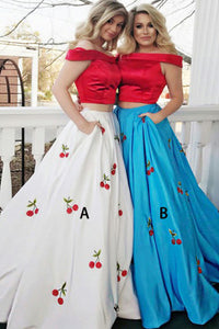 Two Piece Off-the-Shoulder Sweep Train White Satin Sleeveless Prom Dress with Embroidery C25