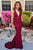 Mermaid Deep V-neck Sleeveless Sweep Train Burgundy Backless Prom Dress P93 | Cathyprom