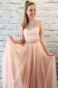 Chic Two Piece Round Neck Cap Sleeves Backless Prom Dress with Lace Beading OHC181 | Cathyprom