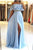 A Line Short Sleeves Blue Chiffon Strapless Long Beaded Waistline Prom Dress Blue Evening Dress OHC375 | Cathyprom