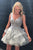 Elegant V-neck Ruffled Ball Gown Short Grey Backless Homecoming Party Dress with Appliqued Bodice OHM184