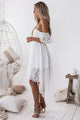 White Cold Shoulder White Pleated Hollow Out Lace High Low Party Dress Homecoming Dress OHM215