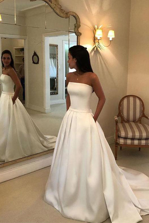 Elegant A Line Strapless Sleeveless White Wedding Dresses with Pockets Bowknot OHD105
