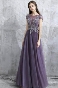 A Line Grey Purple Tulle See Through Long Spring Senior Prom Dress With Sleeves OHC482 | Cathyprom