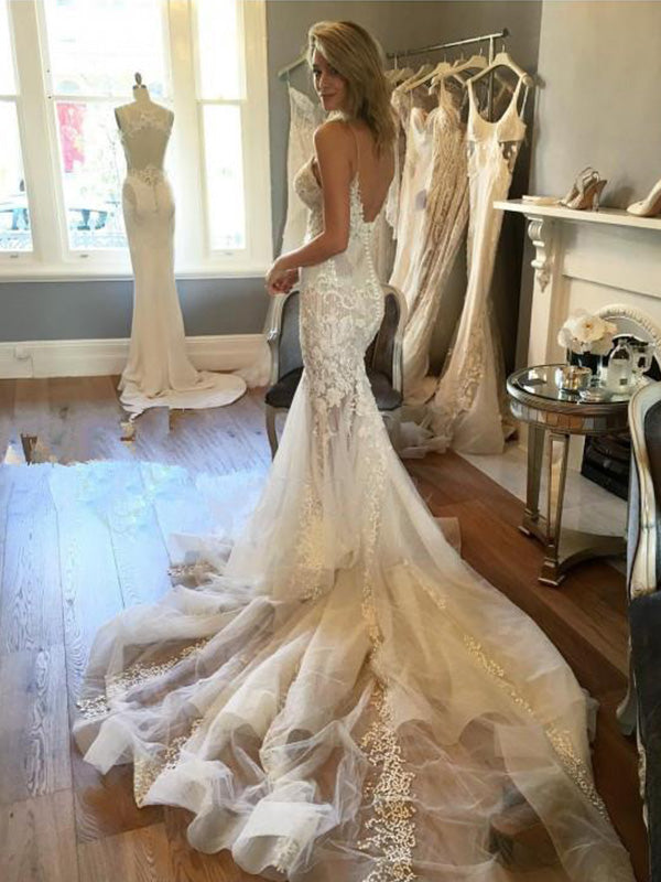 Sexy V-neck Trumpet Mermaid Wedding Dress Open Back Lace Wedding Dress – cathyprom