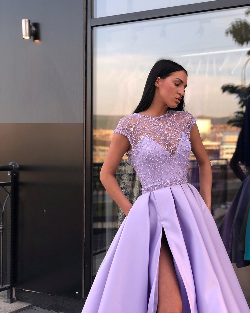 light purple purple homecoming dresses Chic Satin Short Sleeve Scoop Split Beads Slit Open Back Long P – cathyprom Size:15
