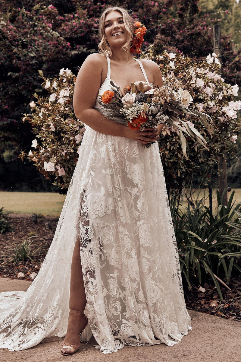 Cheap A-line Spaghetti Strap Lace Backless Beach Wedding Dresses PW218