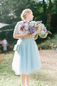A-line Scoop Tea-length Short Sleeves 3D Flower Short Tulle Bridesmaid Dresses OHS119 | Cathyprom