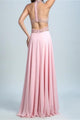 A Line Halter Floor Length Chiffon Rhinestone Long Pink Prom Dresses OHC523