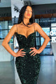 Dark Green Sequins Prom Dress Mermaid Evening Gowns With Spaghetti-Straps SNH005