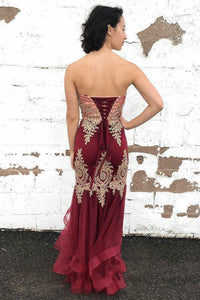 Sexy Burgundy Tulle Strapless Sleeveless Long Lace Up Multi-layered Evening Dress Prom Dresses OHC407 | Cathyprom