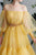A Line Off The Shoulder Long Sleeves Lace Applique Beading Long Yellow Tulle Prom/Formal Dress OHC334 | Cathyprom