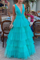 A-line Long Summer Fashion Beautiful Deep V Neck Tulle Prom Party Dresses GS004