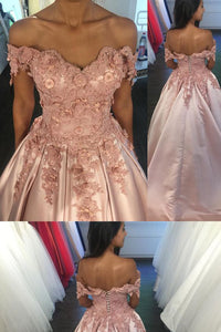 Pink Satin 3D Lace Flowers Beaded Off The Shoulder Prom Dress GX2284