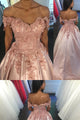Pink Satin 3D Lace Flowers Beaded Off The Shoulder Prom Dress GX2284