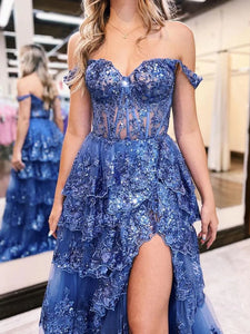 Off The Shoulder Lace Sequin Prom Dress With Ruffle Skirt  ZXS2537
