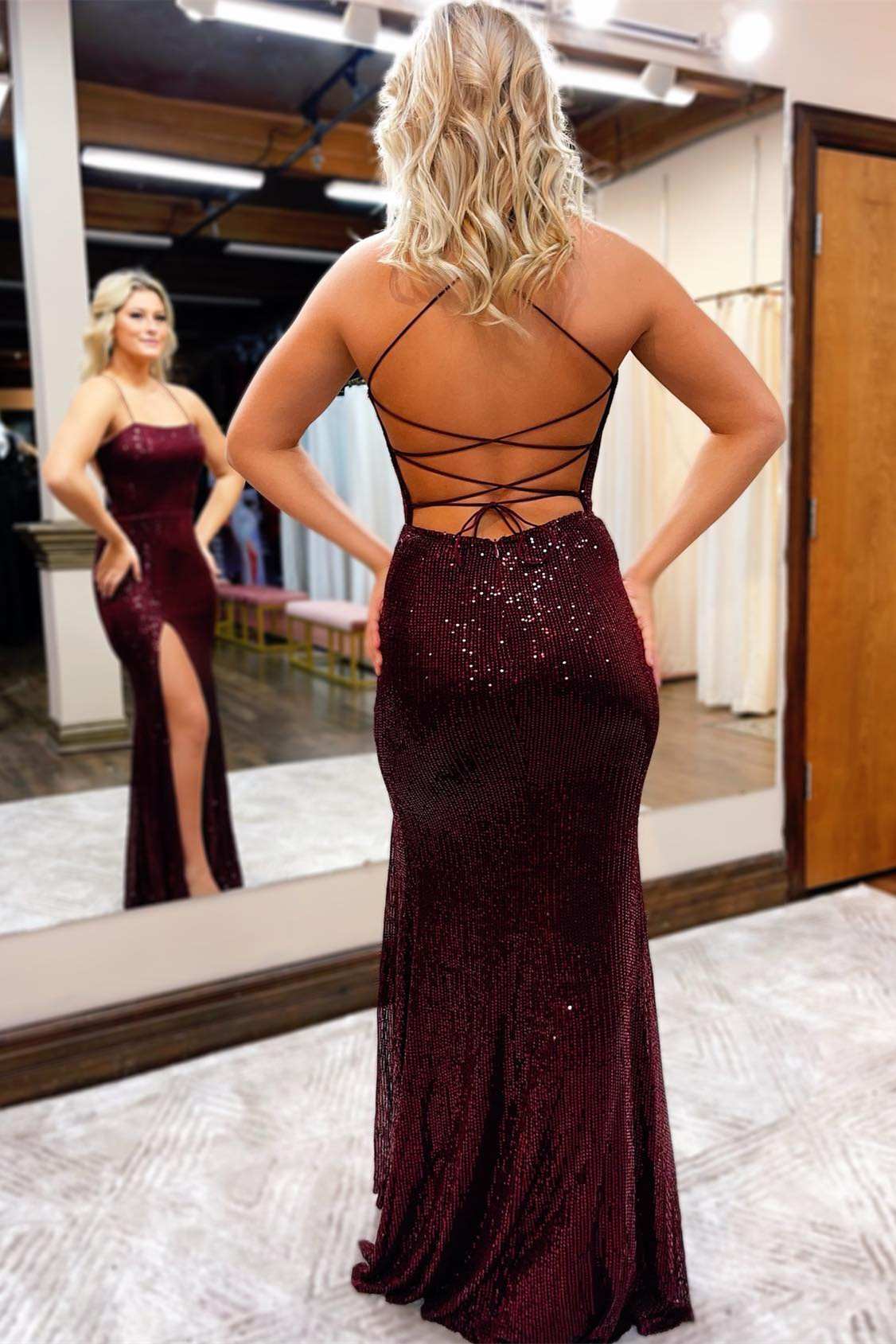 Burgundy Sequin Lace-Up Back Long Prom Dress with Slit – cathyprom