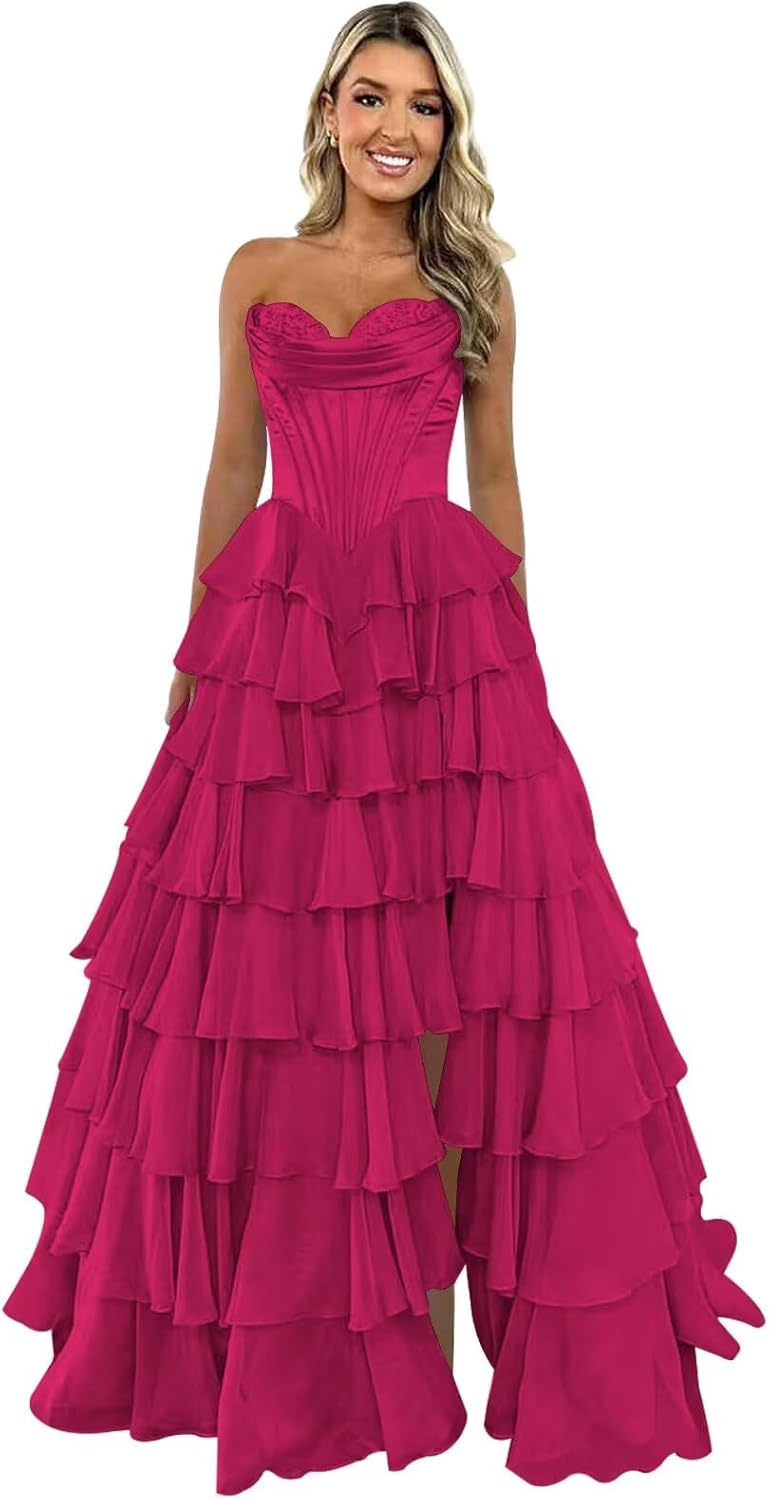 Strapless Corset Prom Dresses for Women 2025 Long Tiered Ruffle Chiffon Formal Evening Gown with Slit – cathyprom