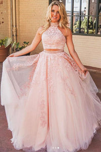 Chic Two Piece High Neck Sleeveless Prom Dresses with Appliques Beading Z17