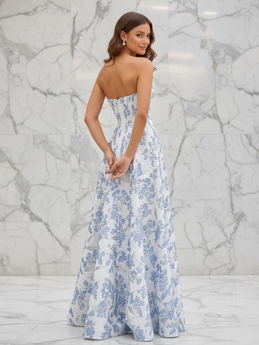 navy blue satin dress zara Blue Floral Strapless Corset Prom Dress with Slit – cathyprom
