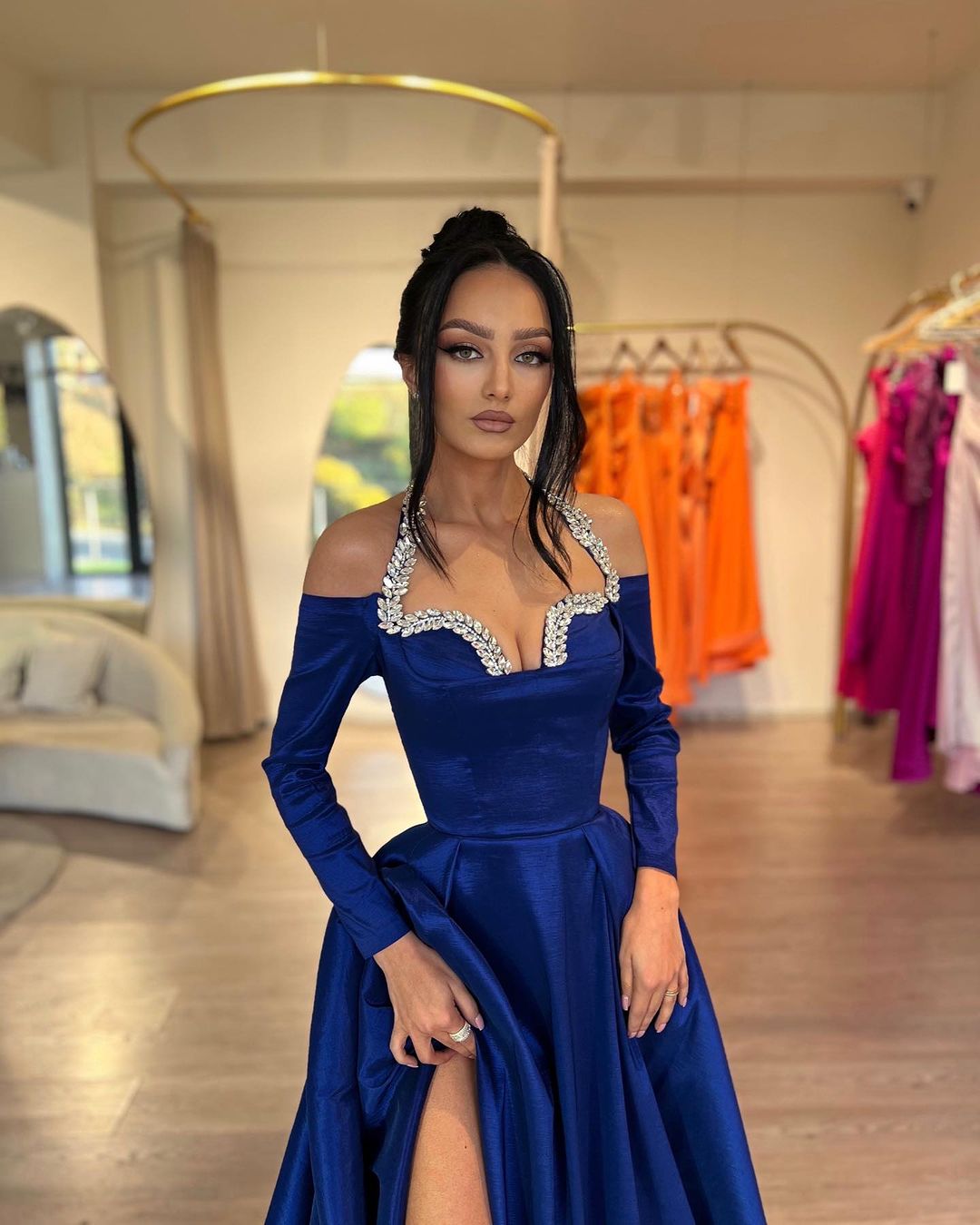 Glamorous Long Royal Blue A-line Halter Long Sleeves Rhinestones Prom Dress With Slit cathyprom Glamorous Long Royal Blue A-line Halter Long Sleeves Rhinestones Prom Dress With Slit cathyprom