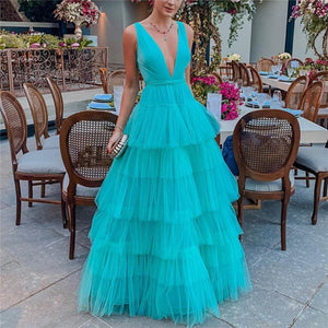 A-line Long Summer Fashion Beautiful Deep V Neck Tulle Prom Party Dresses GS004
