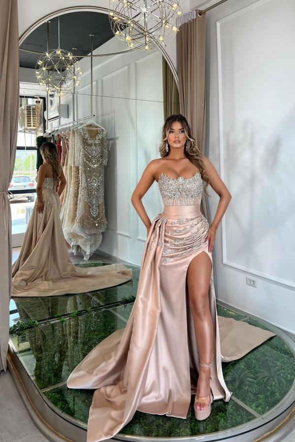Pink Mermaid Strapless Satin Beading Long Prom Dresses With Split –  cathyprom