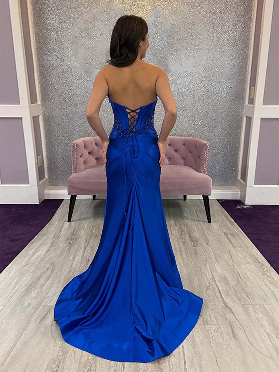 Royal Blue Strapless Exposed Boning Corset Prom Dress with High Slit –  cathyprom