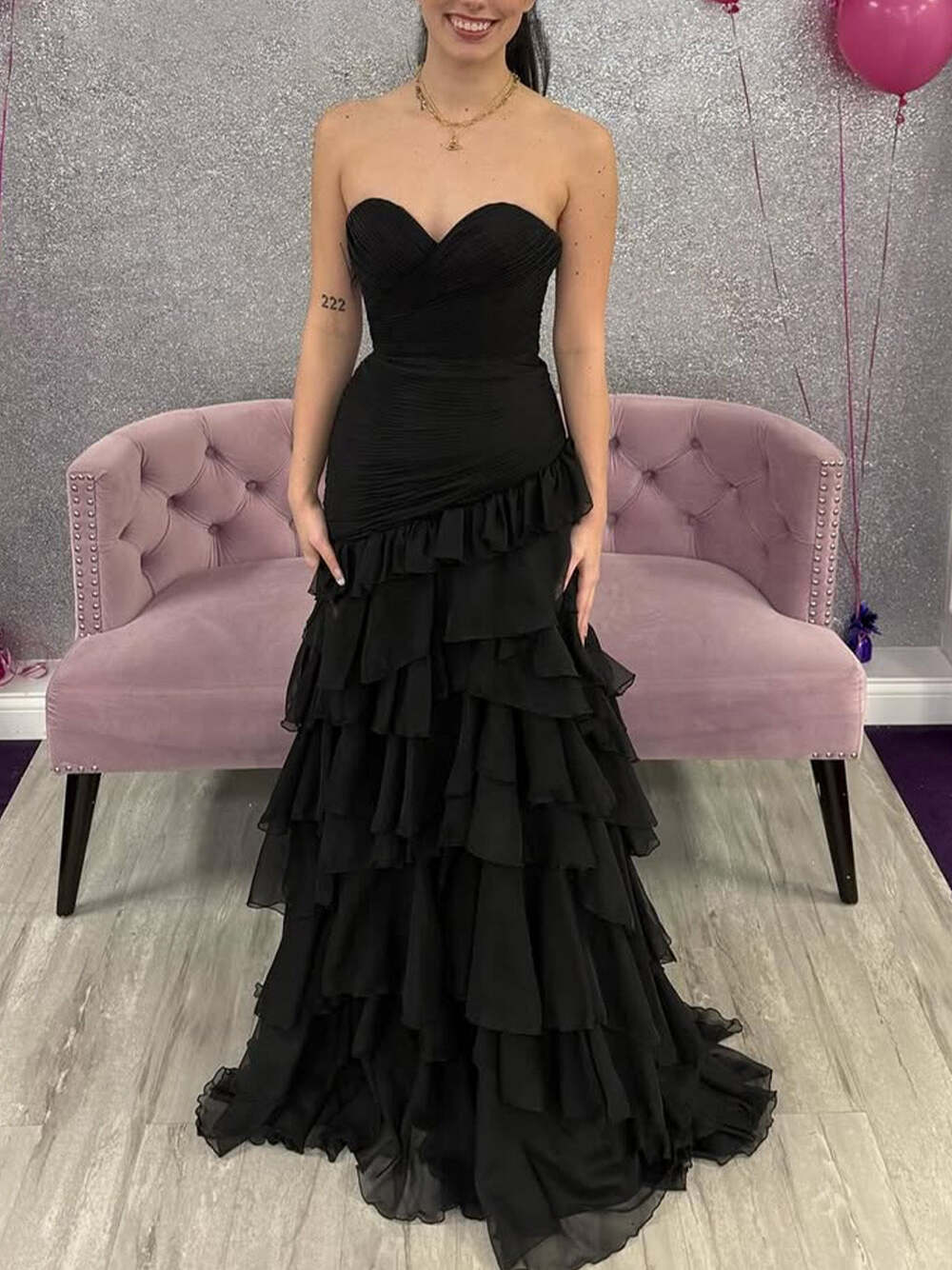 mermaid dress with ruffle bottom Strapless Mermaid Tiered Chiffon Skirt Prom Dress with Ruffle – cathyprom