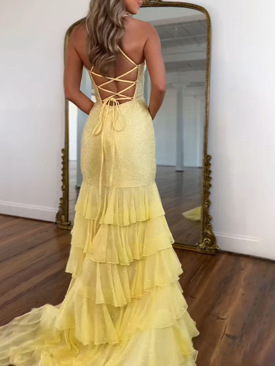 yellow sparkly prom dress Yellow Sparkly Mermaid Tiered Ruffle Sequin Long Prom Dress – cathyprom