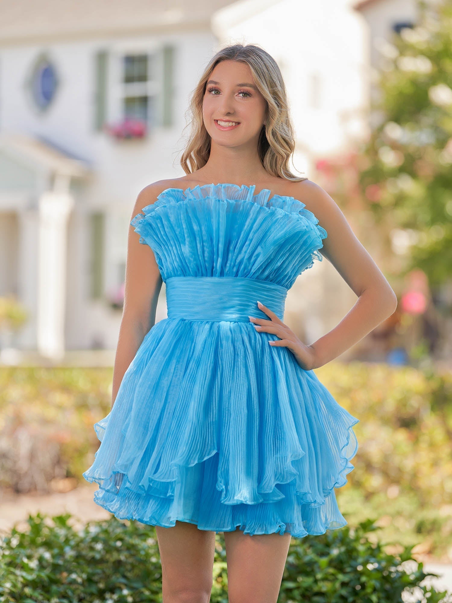 Blue A-Line Strapless Pleated Short Tiered Homecoming Dress – cathyprom