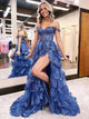 Off The Shoulder Lace Sequin Prom Dress With Ruffle Skirt  ZXS2537