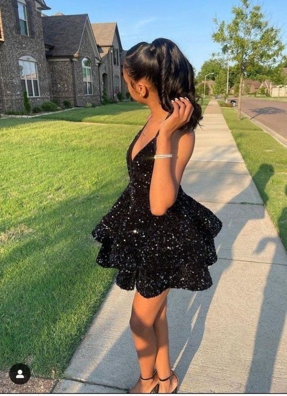 Sexy Black Sparkling Short Cocktail Dresses Back Open Tiered Sequin Graduation Gown Parties Night,Black Homecoming Dress Y1504 – cathyprom