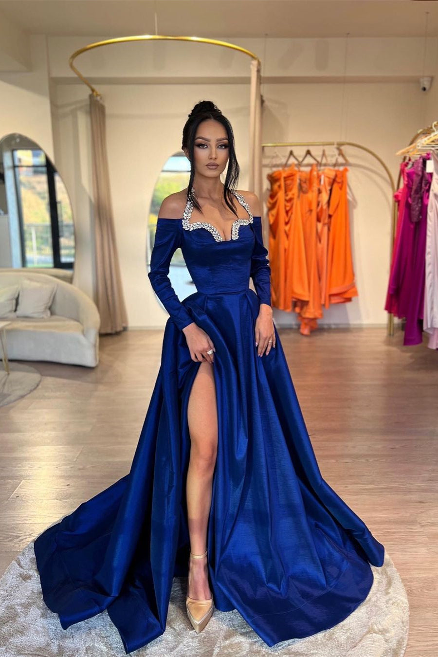 Glamorous Long Royal Blue A-line Halter Long Sleeves Rhinestones Prom Dress  With Slit – cathyprom
