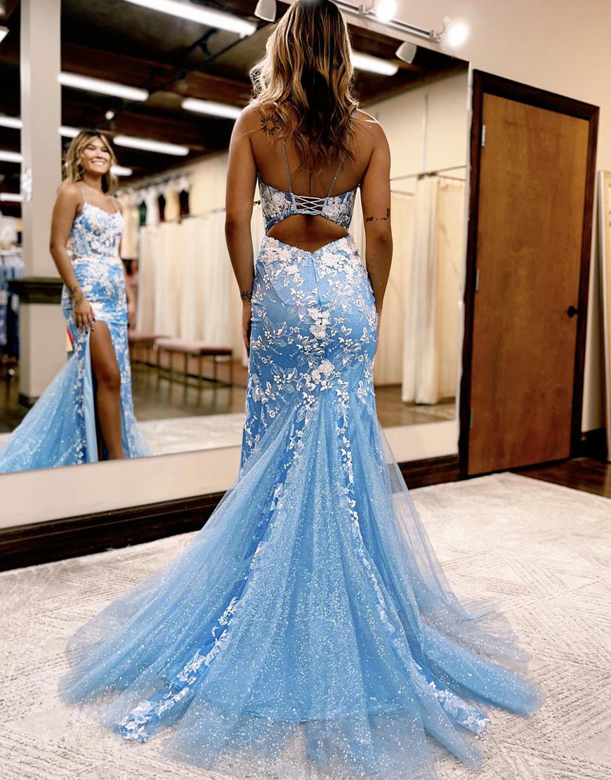 Aubrie |Mermaid Spaghetti Straps Lace Tulle Prom Dress with Slit – cathyprom