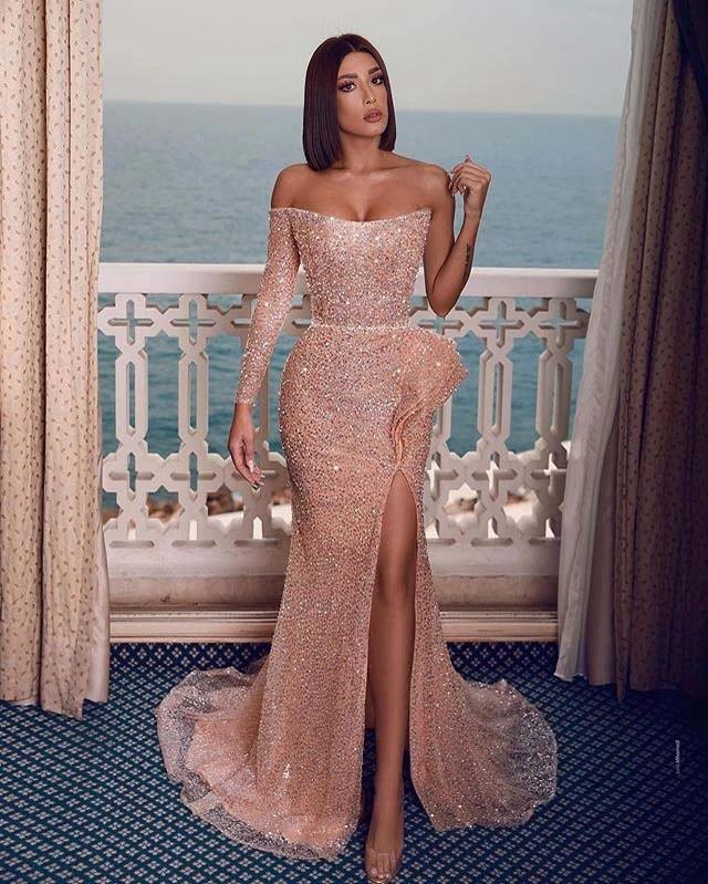 Sexy Sparkly Champagne Rose One-shoulder Side-slit Mermaid Long Prom Dresses  – cathyprom