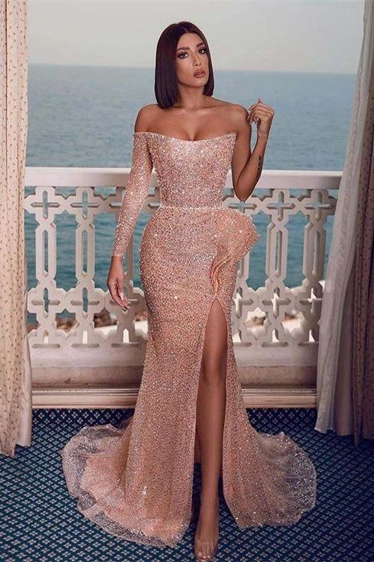 sparkly champagne prom dress Sexy Sparkly Champagne Rose One-shoulder Side-slit Mermaid Long Prom Dresses – cathyprom