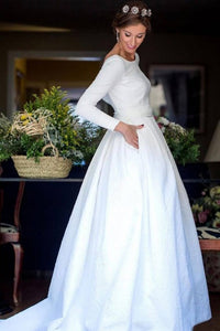 A-Line Bateau Backless Satin Wedding Dress with Pockets Sleeves OHD011 | Cathyprom