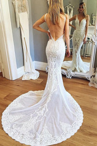 Mermaid V-Neck Backless Court Train White Wedding Dress with Appliques OHD012 | Cathyprom