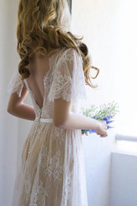 A-Line V-Neck Backless Sweep Train Light Champagne Lace Bohemian Wedding Dress OHD014 | Cathyprom