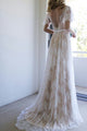 A-Line V-Neck Backless Sweep Train Light Champagne Lace Bohemian Wedding Dress OHD014 | Cathyprom