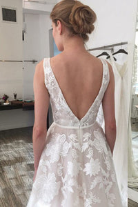 A-Line V-Neck Backless Sweep Train Ivory Wedding Dress with Embroidery OHD015 | Cathyprom